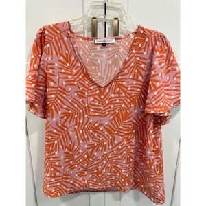 Michelle‎ McDowell Palm Leaf Dot V Neck Flutter Sleeve Top Coral Pink Womens M